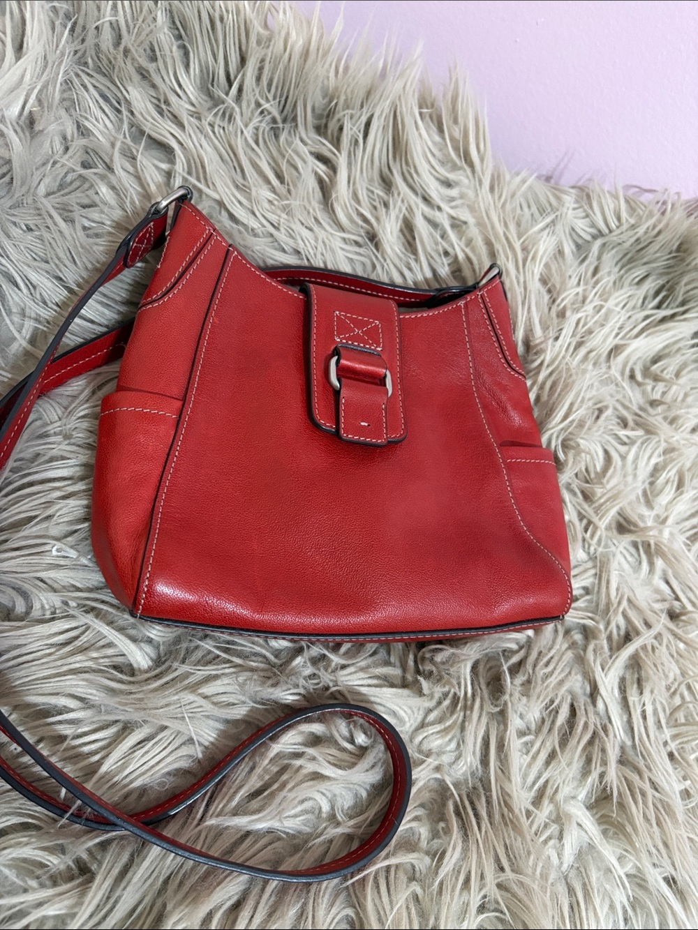 Fossil Red Leather Crossbody Bag with Buckle Detail
